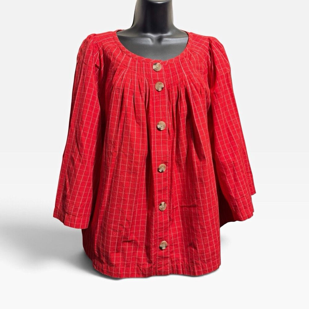 Madewell Red Windowpane Grid Button Front Blouse Women XL Flowy Relaxed Fit Top